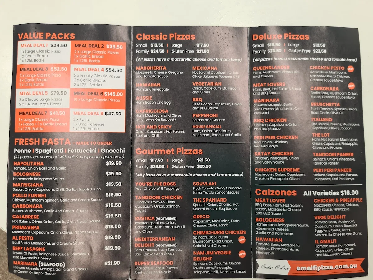 Menu, Amalfi Pizza & Pasta Sippy Downs
