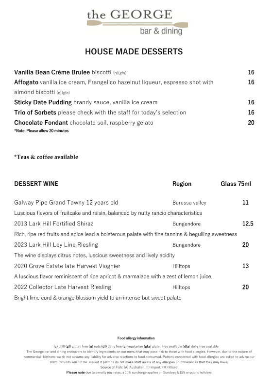 Menu, The George Bar & Dining