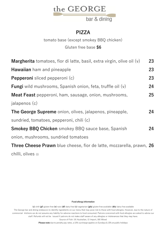 Menu, The George Bar & Dining
