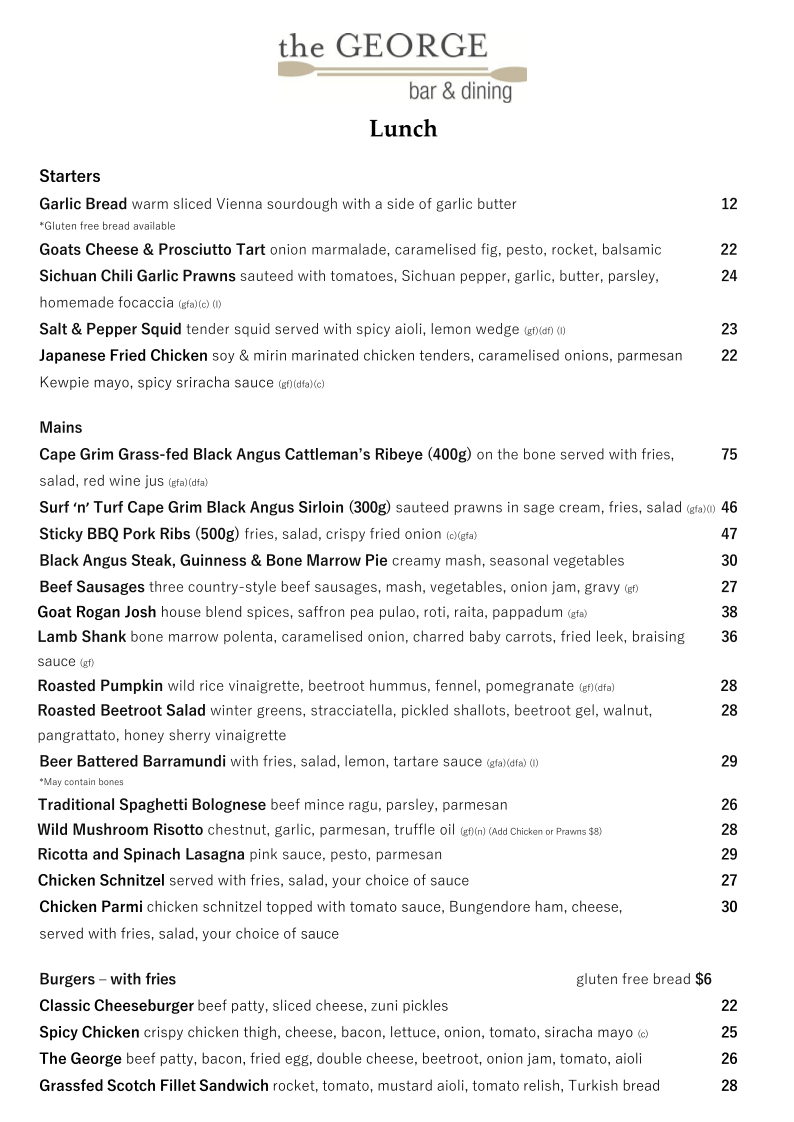 Menu, The George Bar & Dining