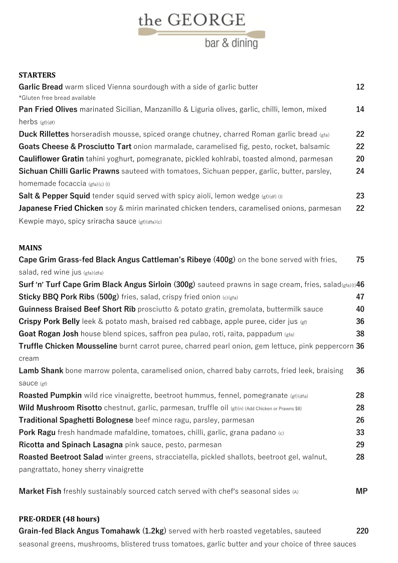 Menu, The George Bar & Dining