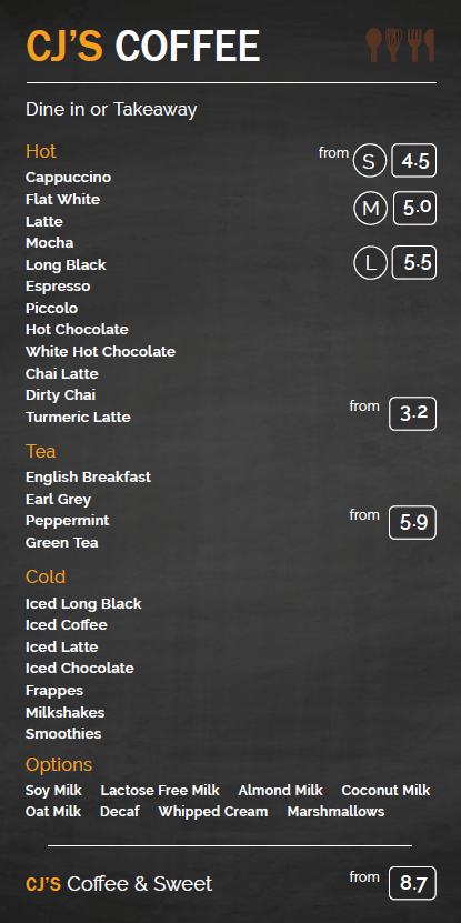 Menu, CJ's Pastries