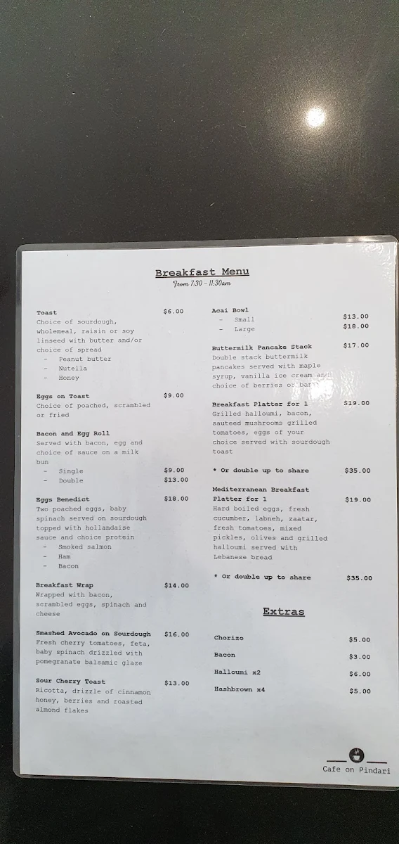 Menu, Cafe on Pindari