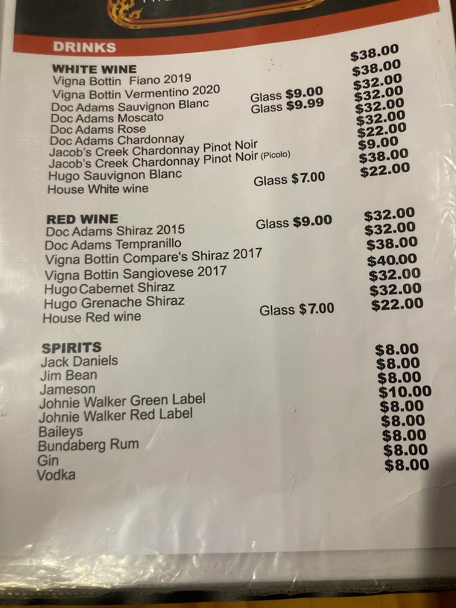 Menu, Sunisa's Thai Restaurant