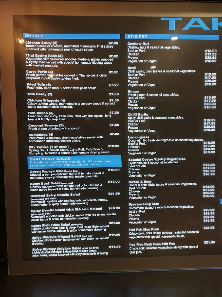 Menu, Sunisa's Thai Restaurant