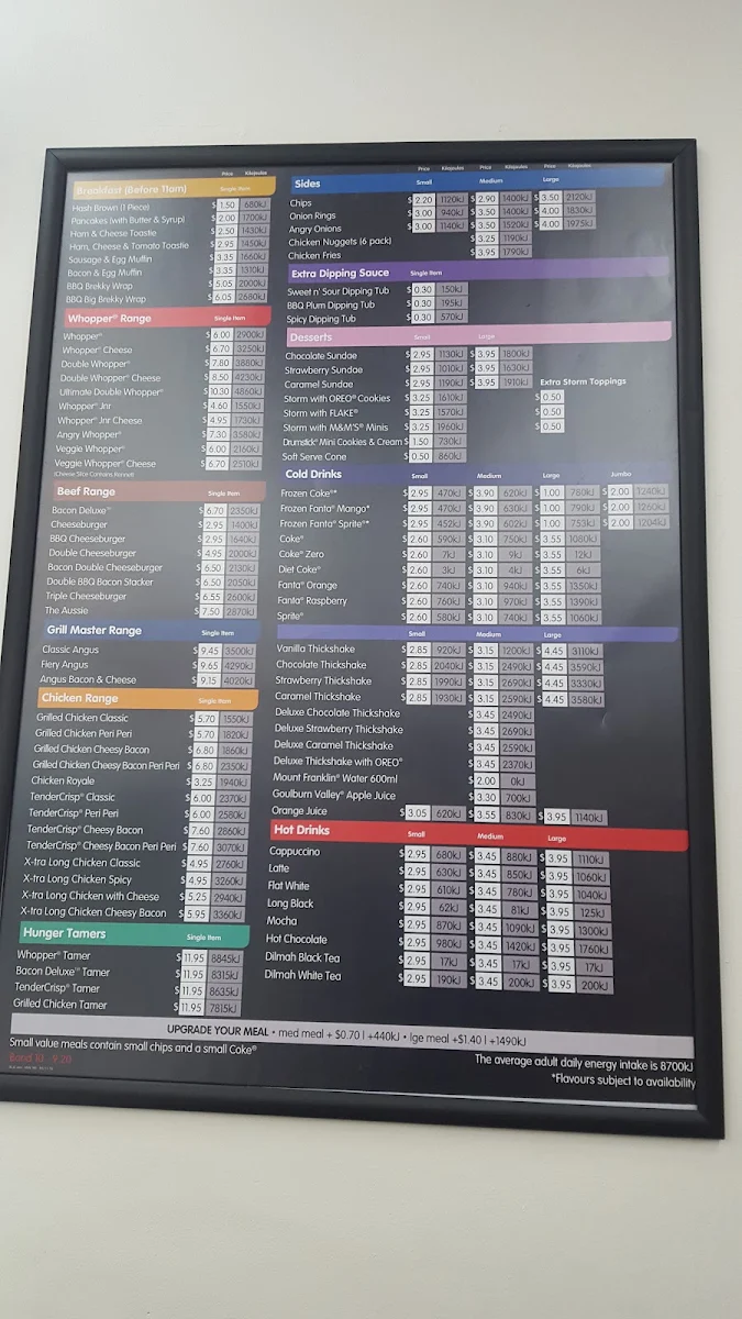 Menu, Hungry Jack's Burgers Kallangur