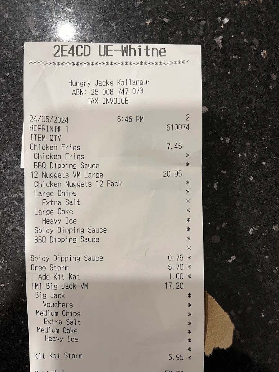 Menu, Hungry Jack's Burgers Kallangur