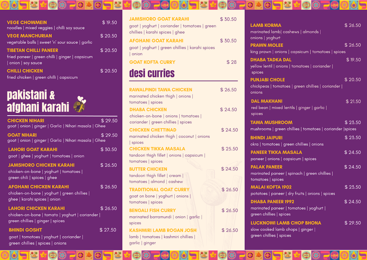 Menu, Bombay Dhaba 24/7 (Desi Family Restaurant)