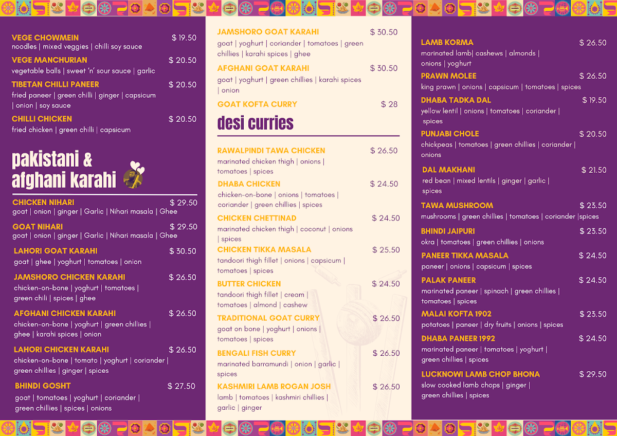 Menu, Bombay Dhaba 24/7 (Desi Family Restaurant)