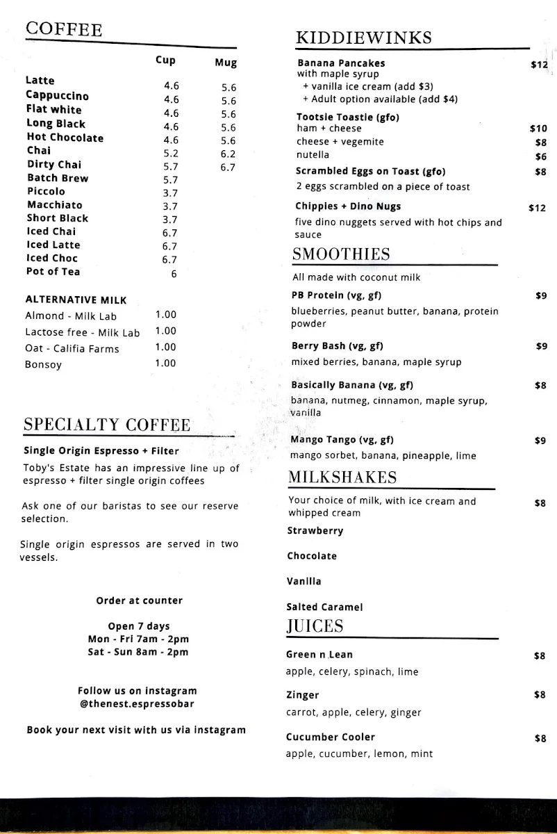 Menu, The Nest Espresso Bar + Kitchen