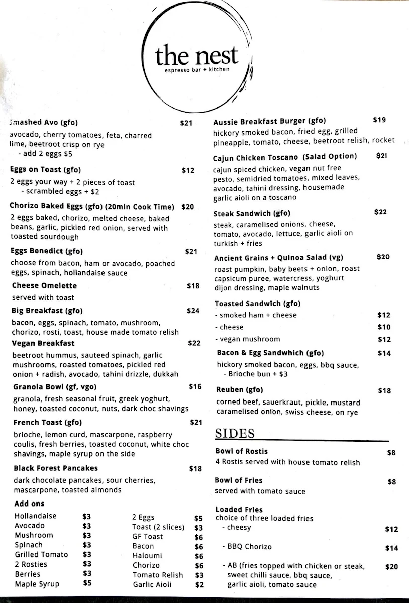 Menu, The Nest Espresso Bar + Kitchen
