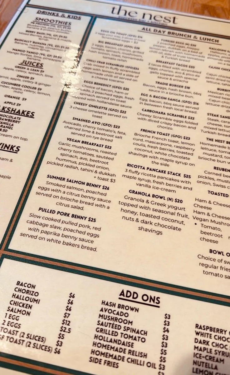 Menu, The Nest Espresso Bar + Kitchen