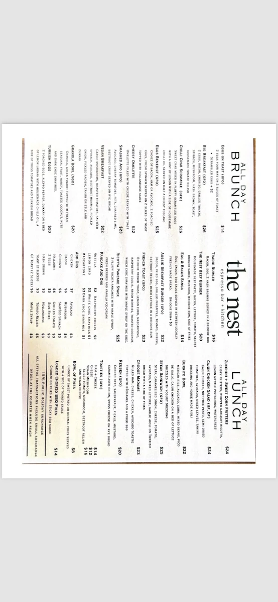 Menu, The Nest Espresso Bar + Kitchen