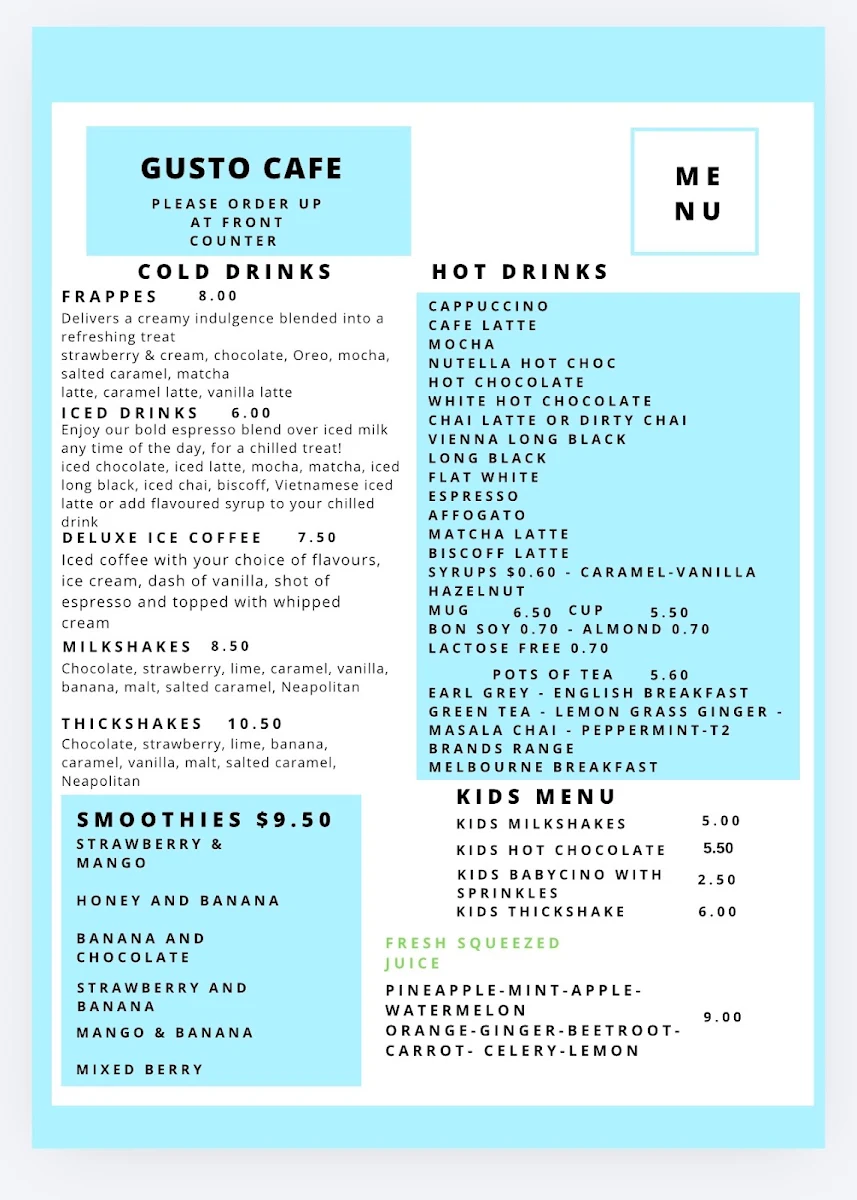 Menu, Gusto