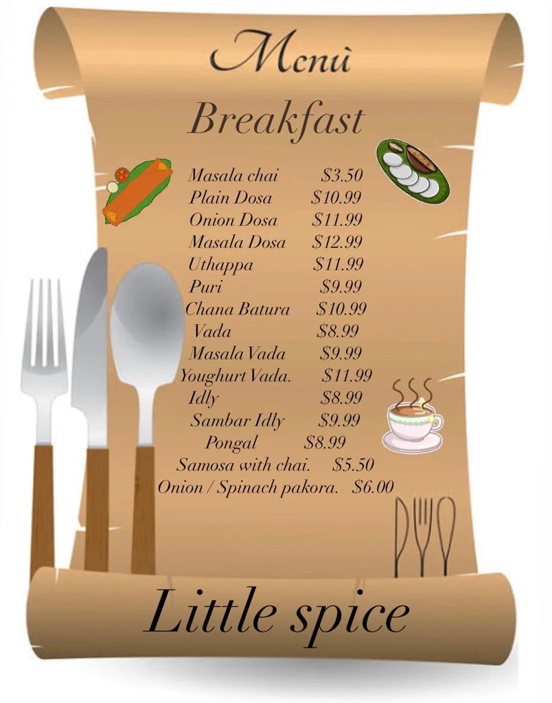 Menu, Little Spice Indian Cuisine -Southland Food Court-Level 3