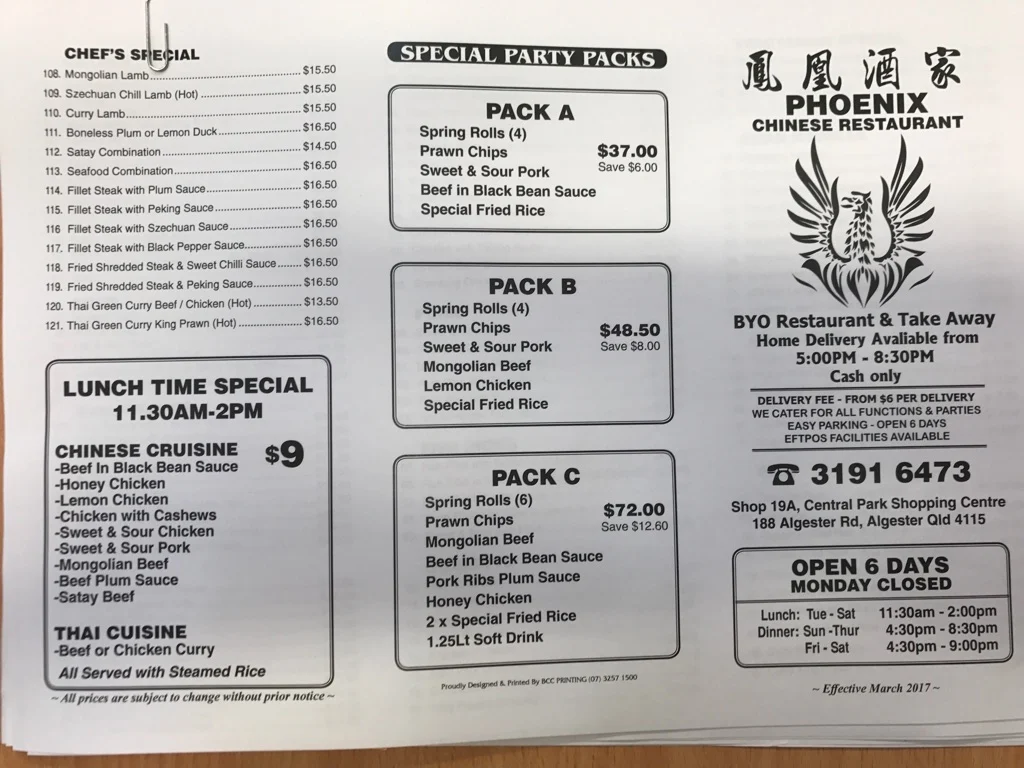 Menu, Phoenix House Chinese Restaurant 鳳凰酒家