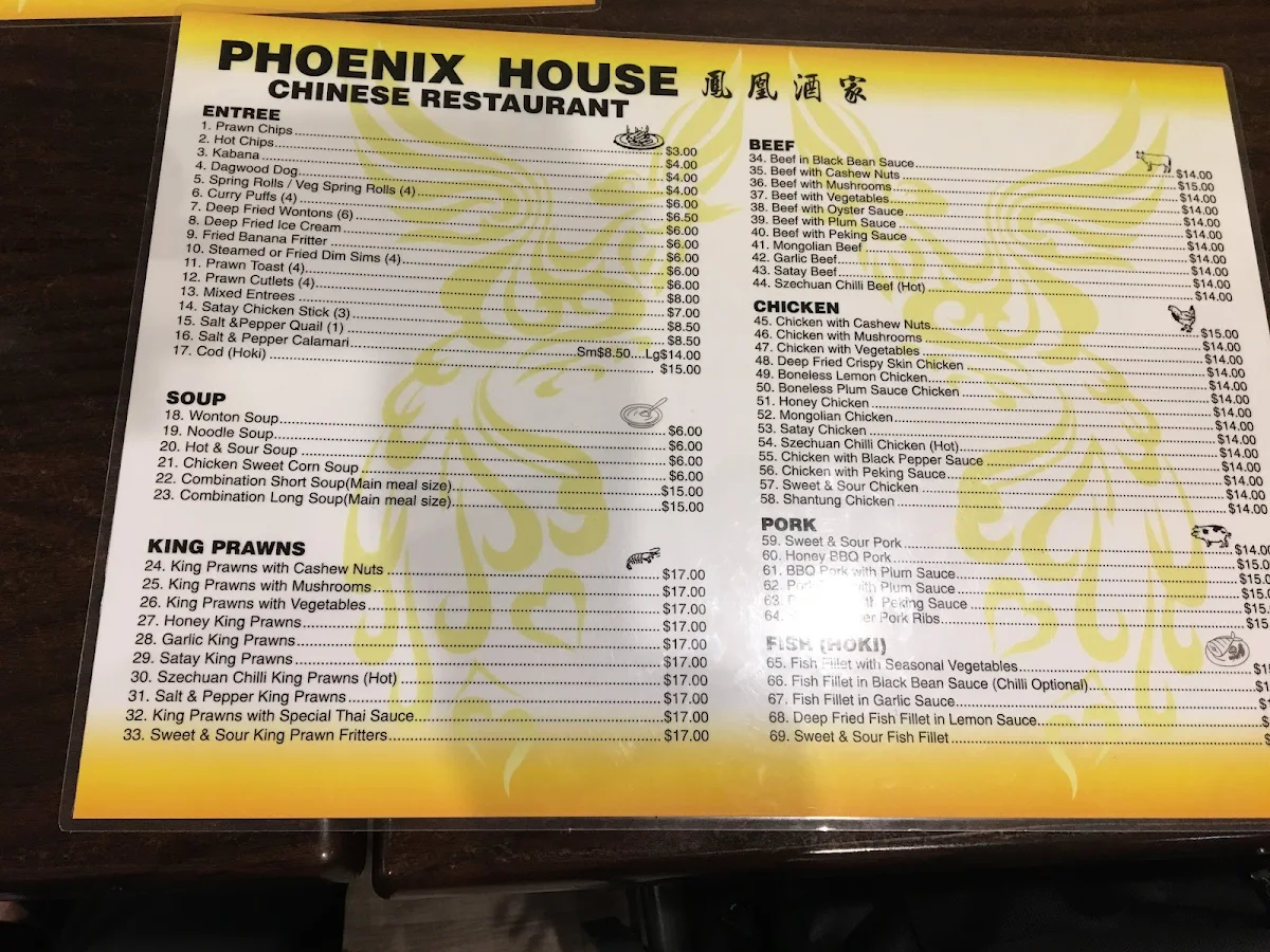 Menu, Phoenix House Chinese Restaurant 鳳凰酒家