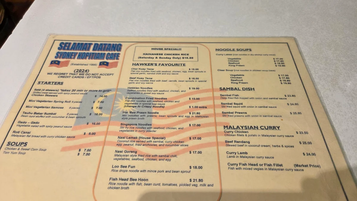 Menu, Kopitiam Cafe