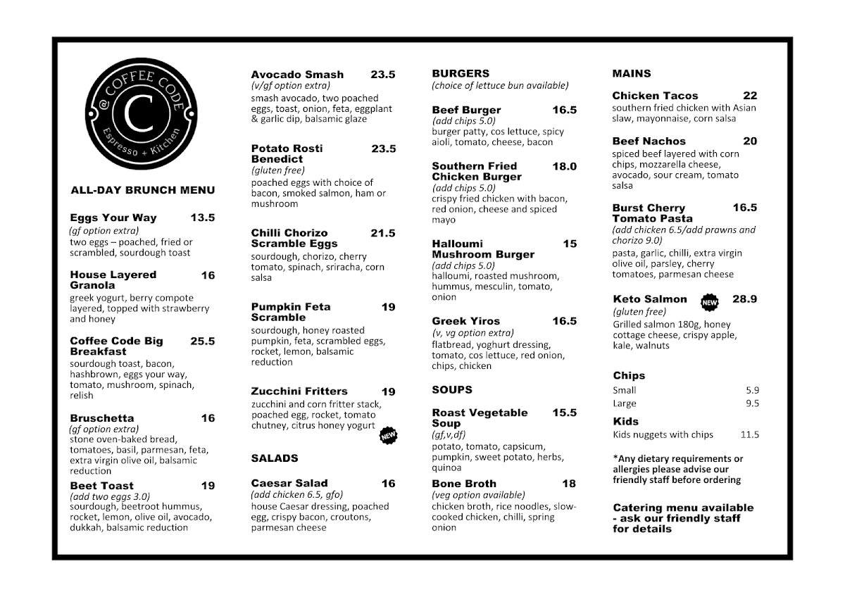 Menu, Coffee Code