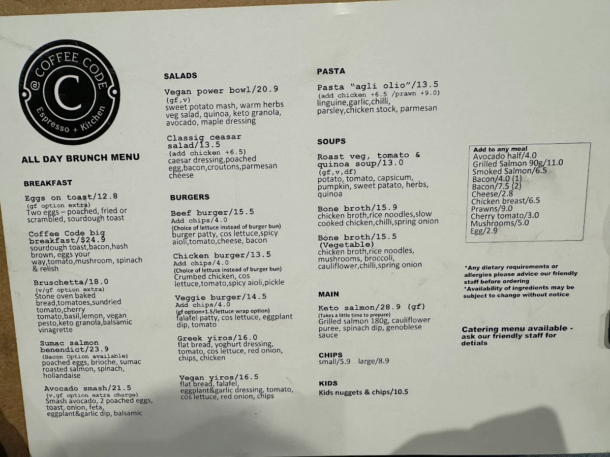 Menu, Coffee Code