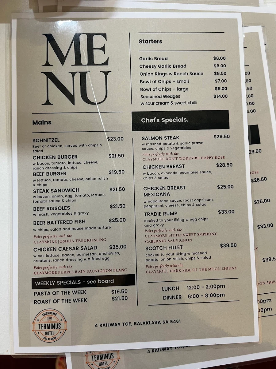 Menu, Terminus Hotel Balaklava