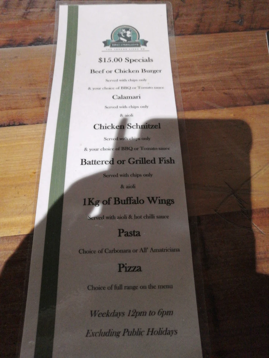 Menu, King O'Malley's