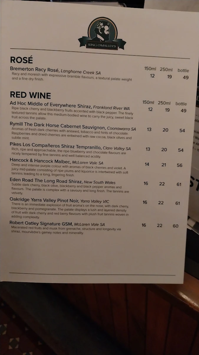 Menu, King O'Malley's