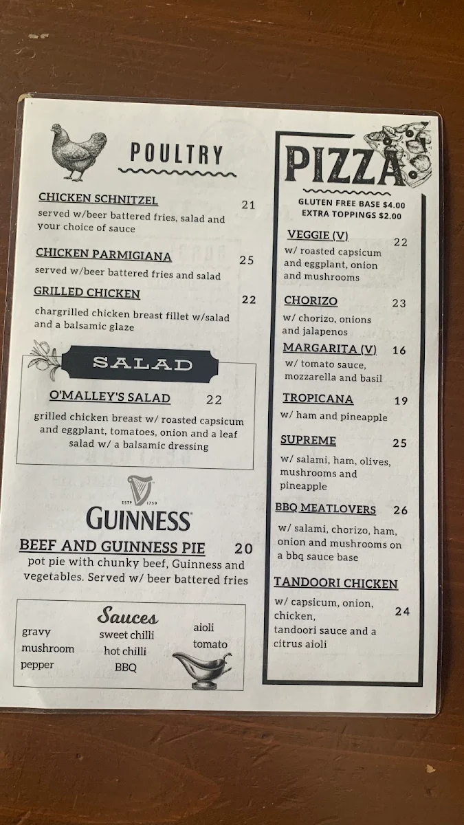Menu, King O'Malley's