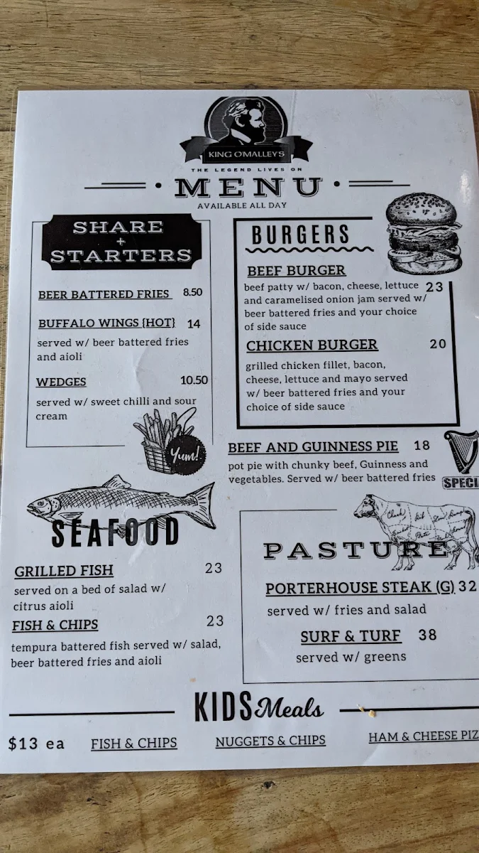 Menu, King O'Malley's