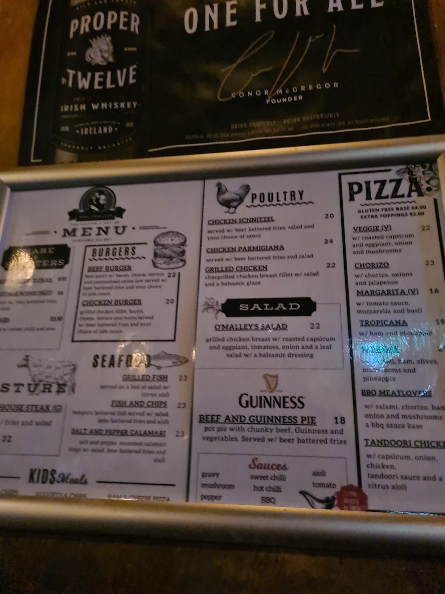 Menu, King O'Malley's