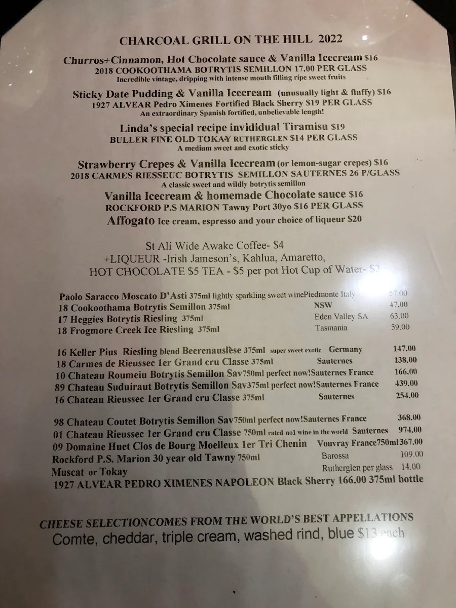 Menu, Charcoal Grill on The Hill