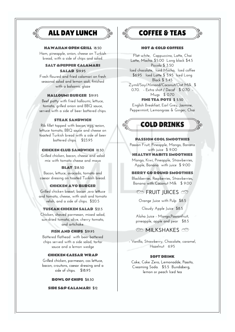 Menu, Cafe Mila