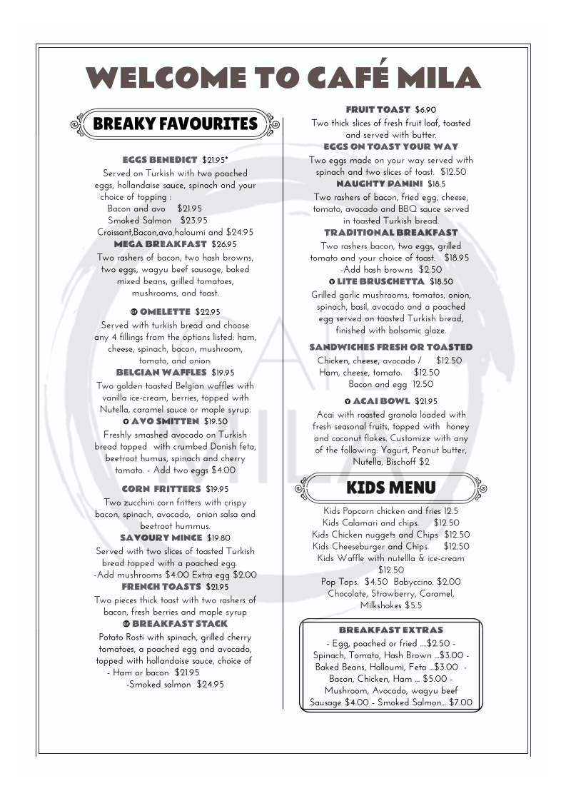Menu, Cafe Mila