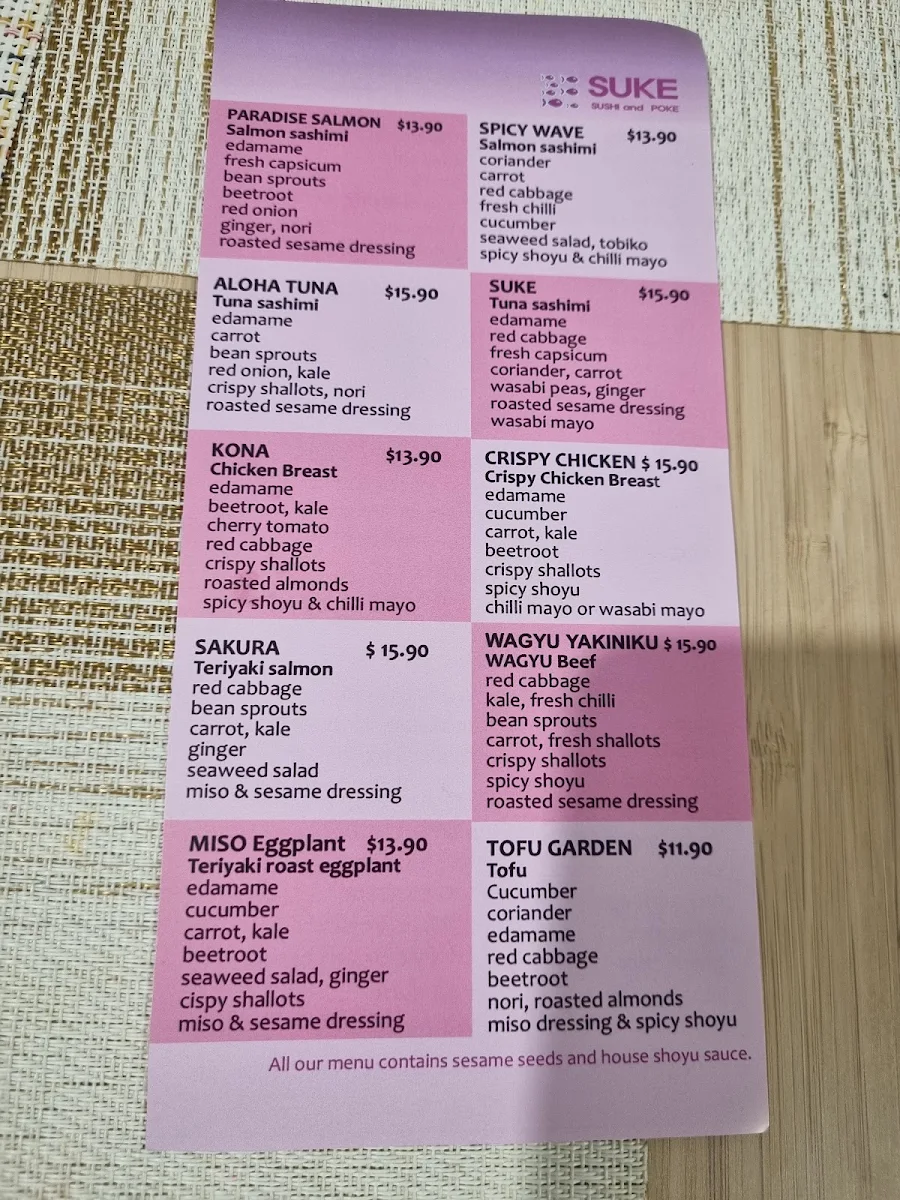 Menu, SUKE sushi and poke