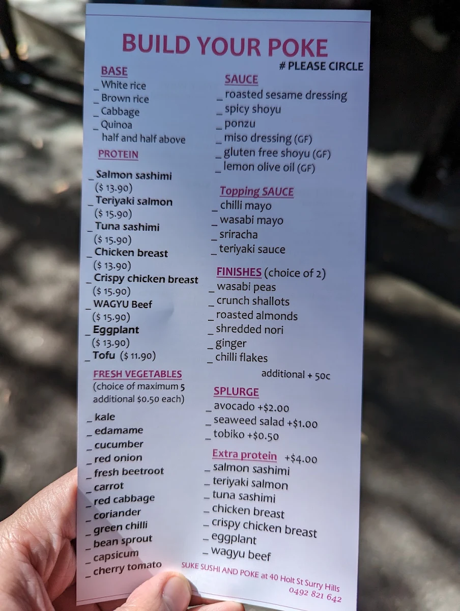 Menu, SUKE sushi and poke