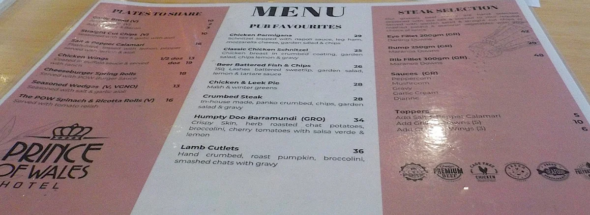 Menu, Prince of Wales Hotel