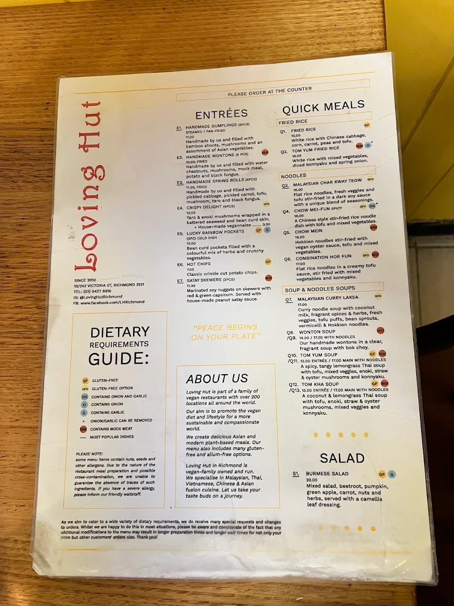 Menu, Loving Hut Richmond
