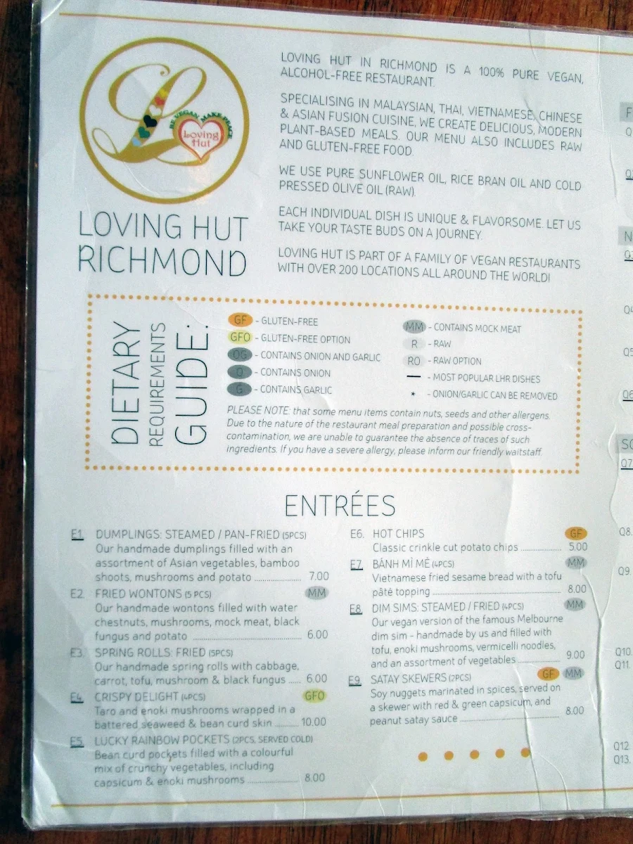 Menu, Loving Hut Richmond