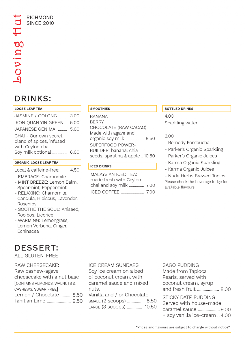 Menu, Loving Hut Richmond