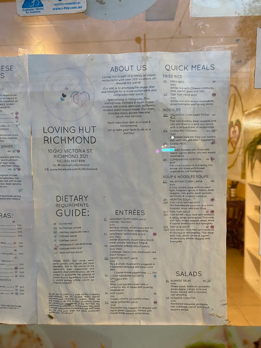 Menu, Loving Hut Richmond