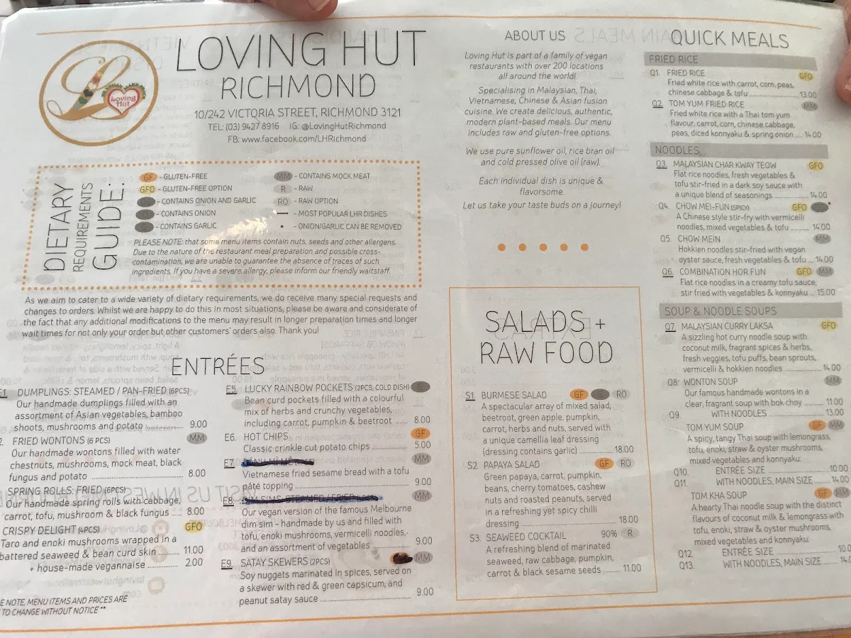 Menu, Loving Hut Richmond
