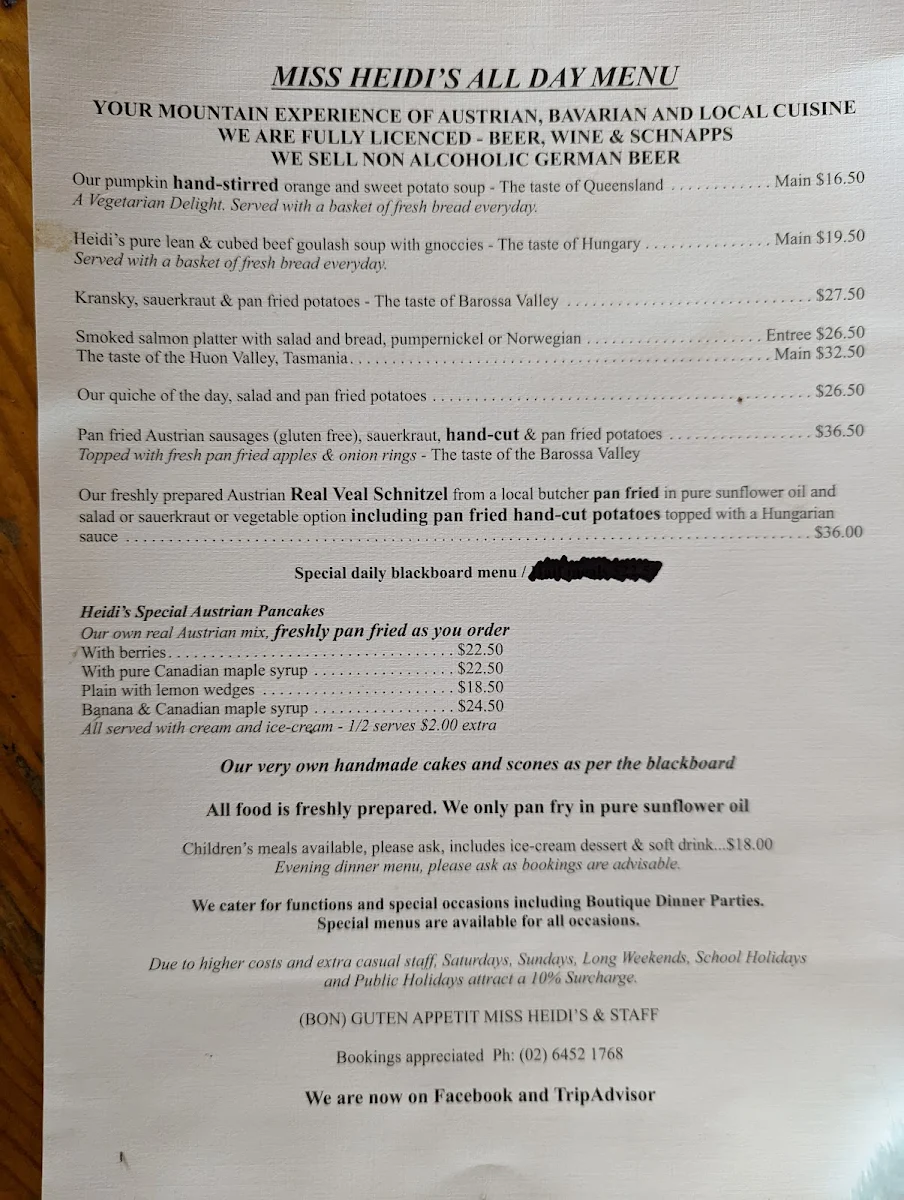 Menu, Miss Heidi's Tea House