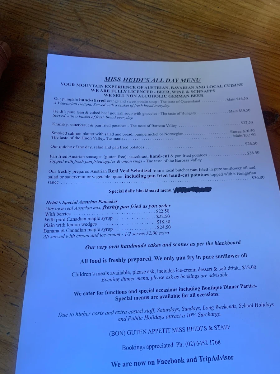 Menu, Miss Heidi's Tea House