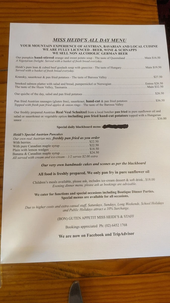 Menu, Miss Heidi's Tea House