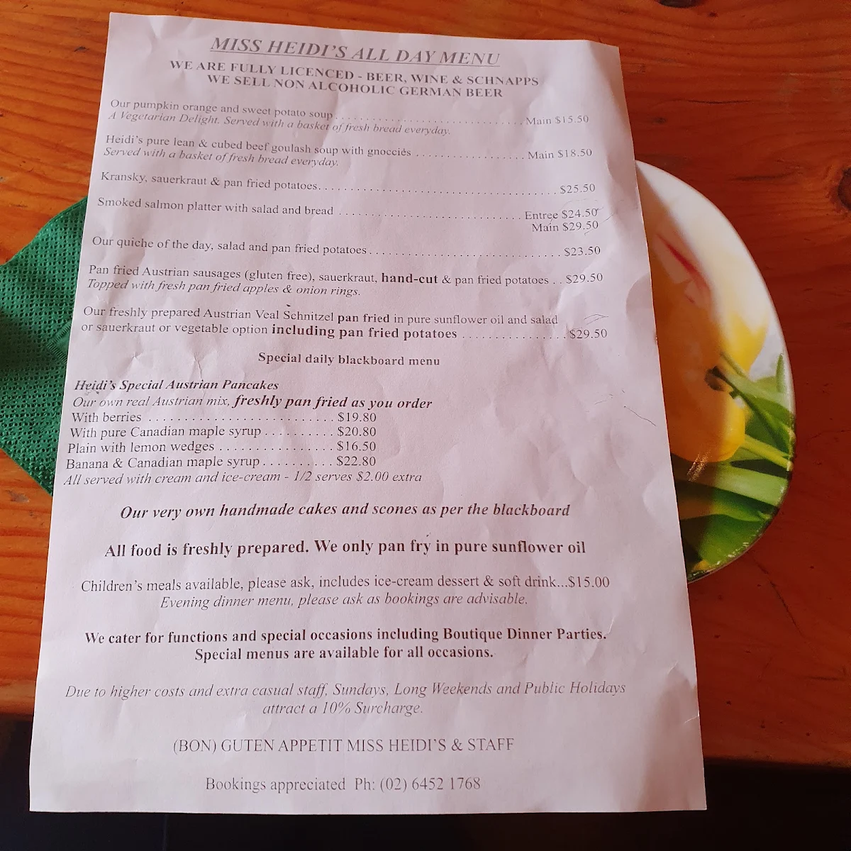Menu, Miss Heidi's Tea House