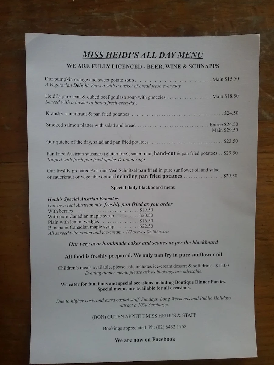 Menu, Miss Heidi's Tea House