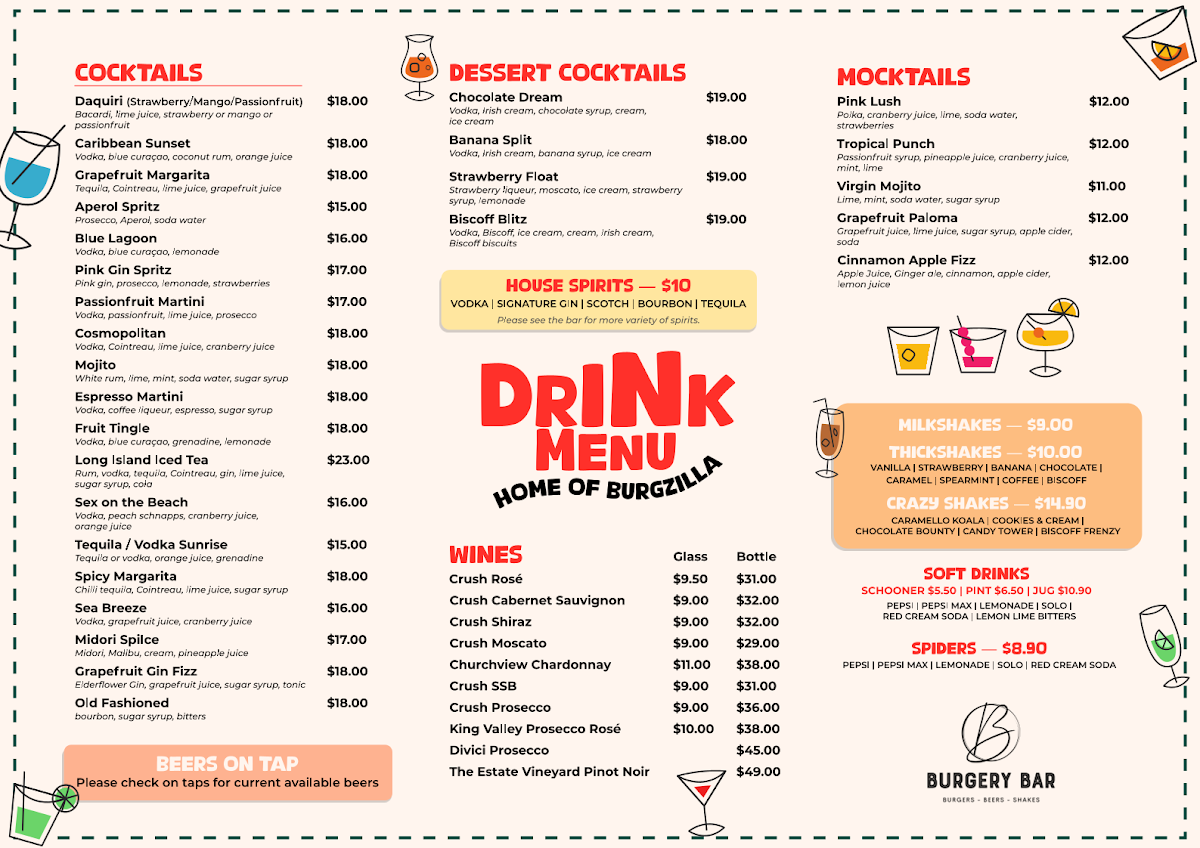 Menu, Burgery Bar Yanchep
