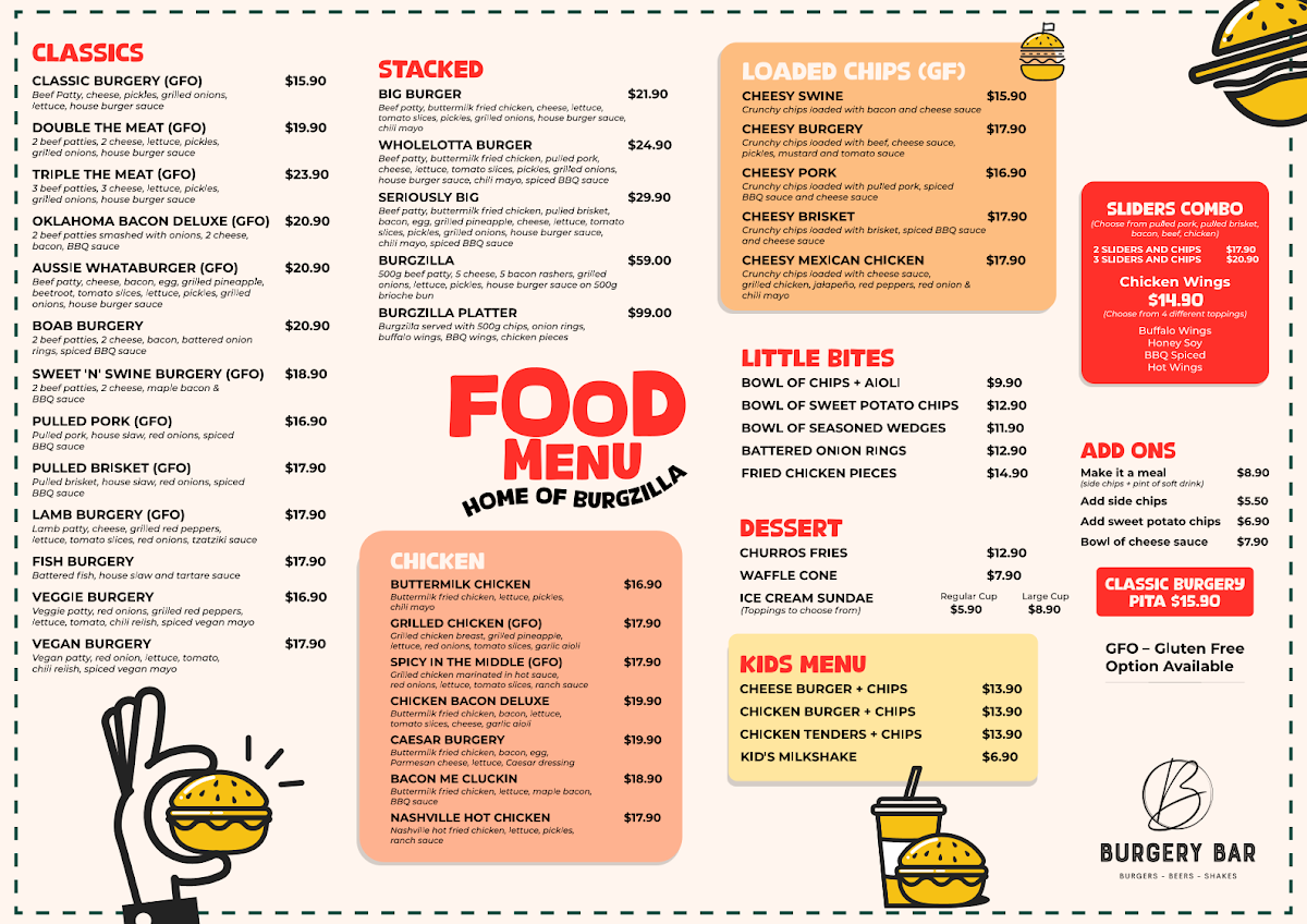 Menu, Burgery Bar Yanchep