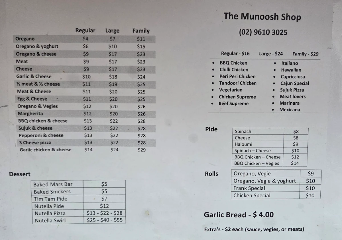 Menu, The Munoosh Shop