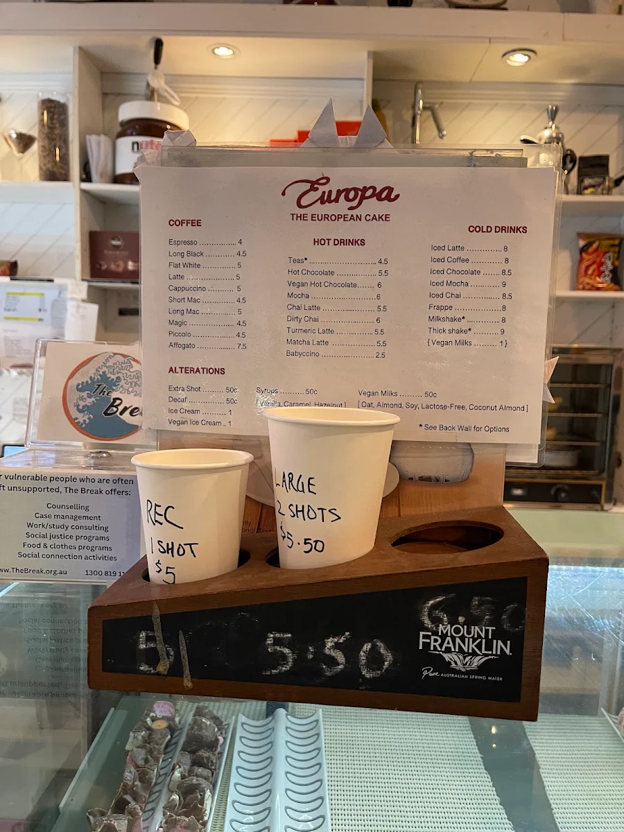 Menu, Europa Cake Shop